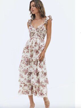 NWT Sofie the Label Tiered Midi Dress Floral Blush Pink Mauve Size Large